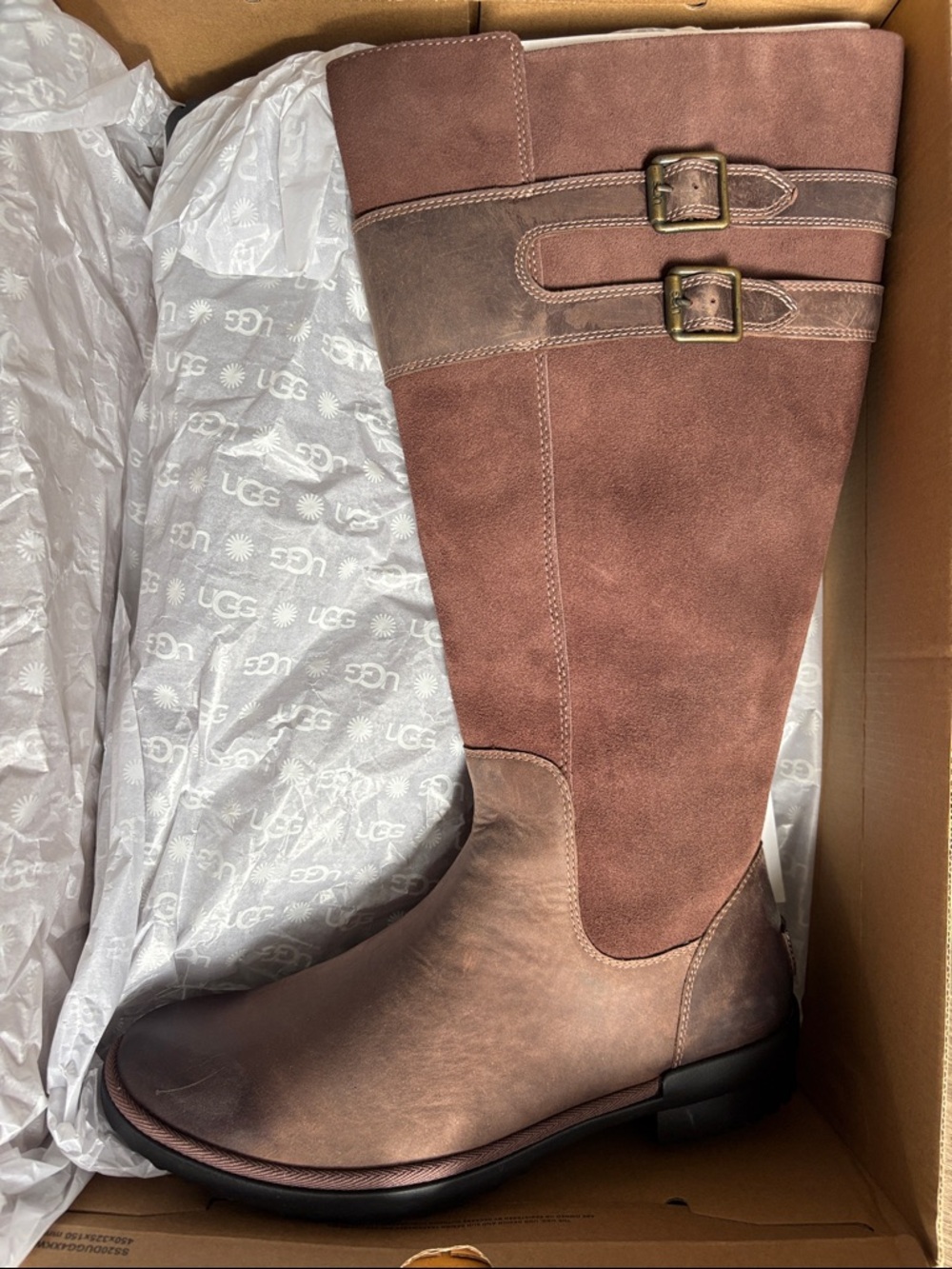 UGG Women's W ZarinaTwo-Tone Brown Tall Suede & Leather Boots with Buckle Detail